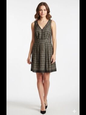 BCBGeneration Black and Gold Striped V-Neck Fit-and-Flare Mini Dress